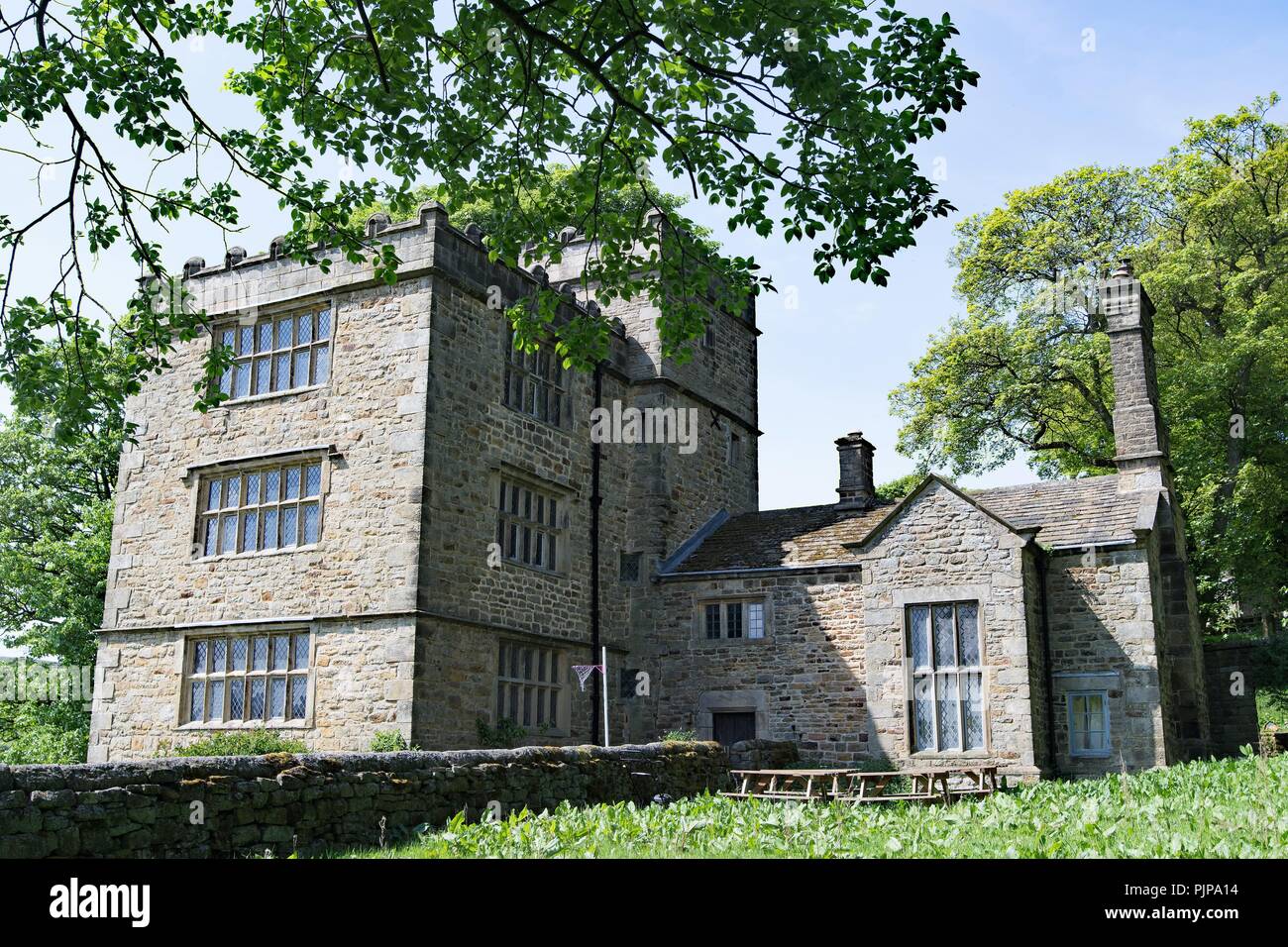 View of the North Lees Hall, the famous principal inspiration for Bronte's imaginary Thornfield Hall in Jane Eyre. Stock Photo