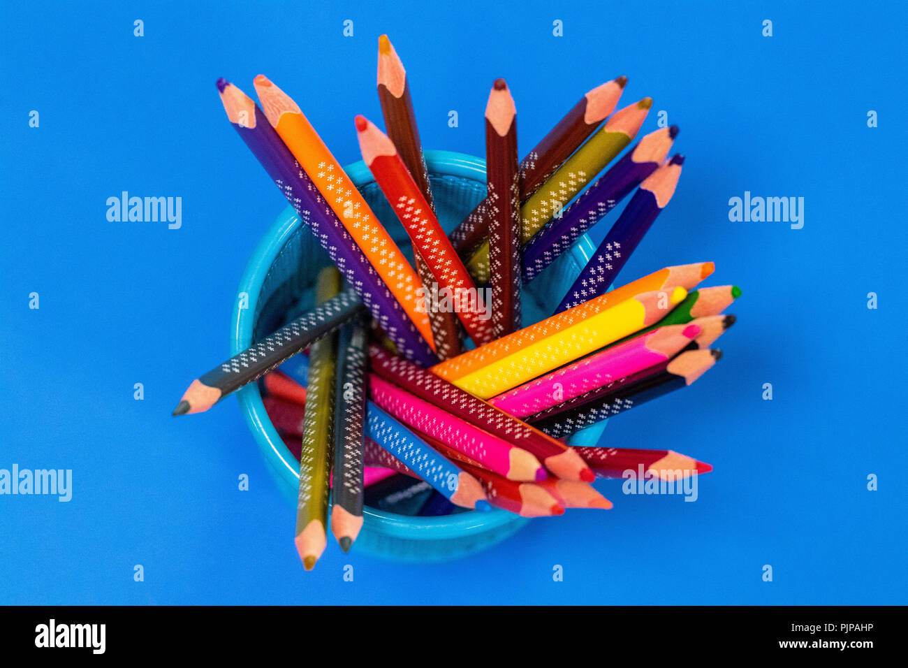 Colored pencils in a pencil case on blue background, top view. Stock Photo