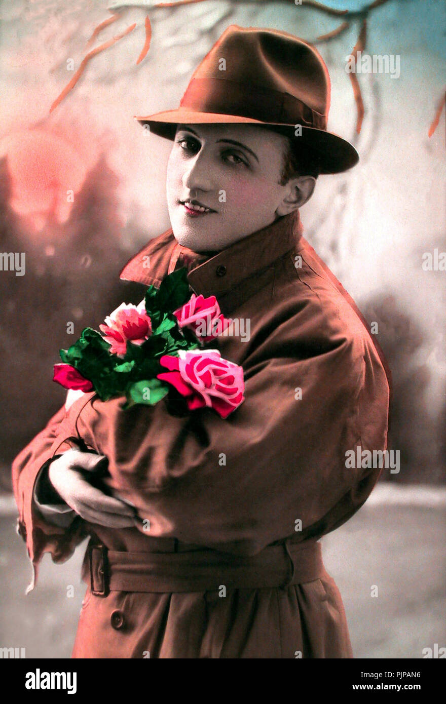 Flirt, flirting, man in hat and coat with bunch of flowers, 1920s, Germany Stock Photo