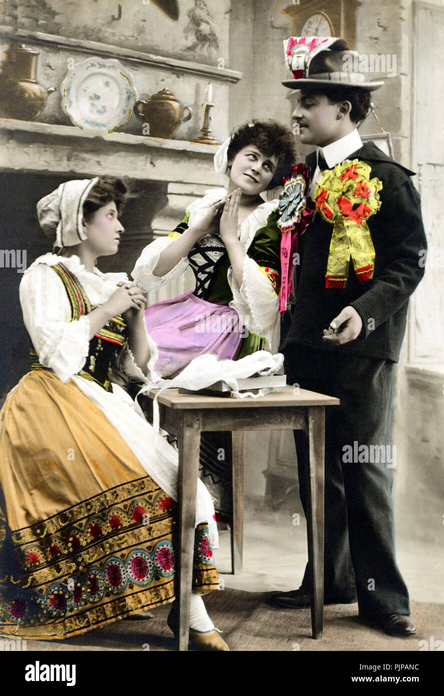 Flirt, one man, two admirers, 1920s, Germany Stock Photo