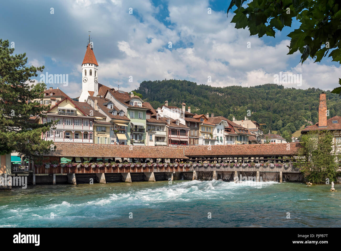 City view with wooden bridge, Untere Schleuse, river Aare, Thun, Switzerland Stock Photo