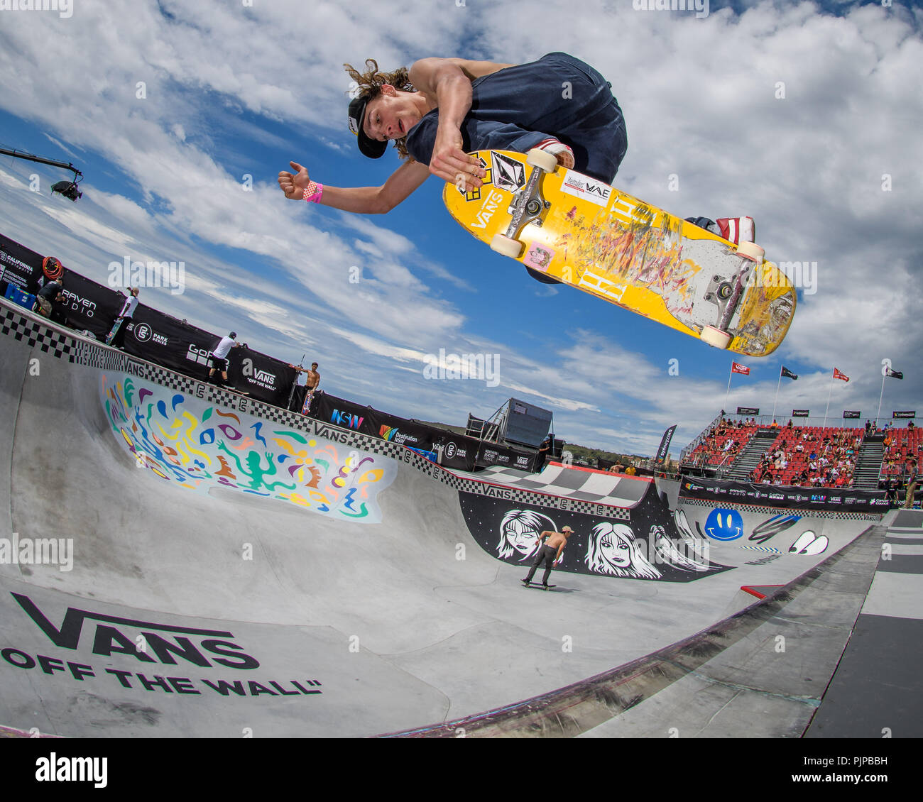 A fisheye view as skateboarders practice in the Vans Pro Bowl during the  Vans Park Series terrain skateboarding world championship tour as fans  watch during the 6th day of the Australian Open