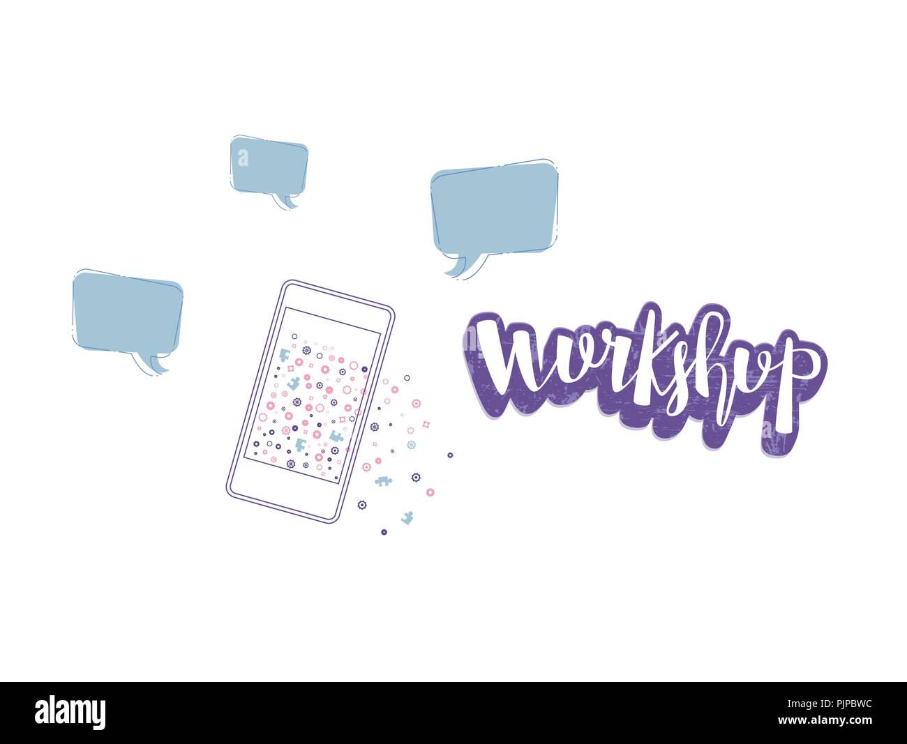 Workshop composition. Template with handwritten lettering, speech bubbles and phone. Vector illustration. Stock Vector