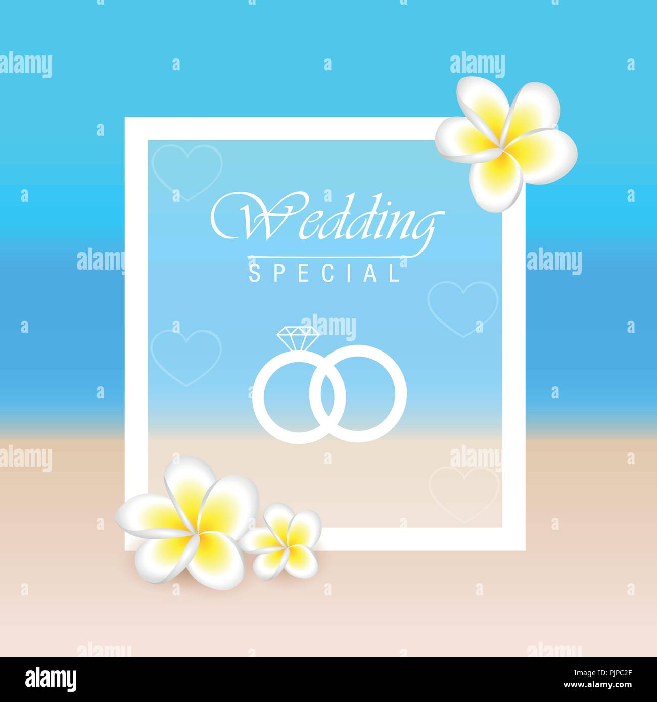 summer beach card for wedding invitation with frangipani flowers vector illustration EPS10 Stock Vector
