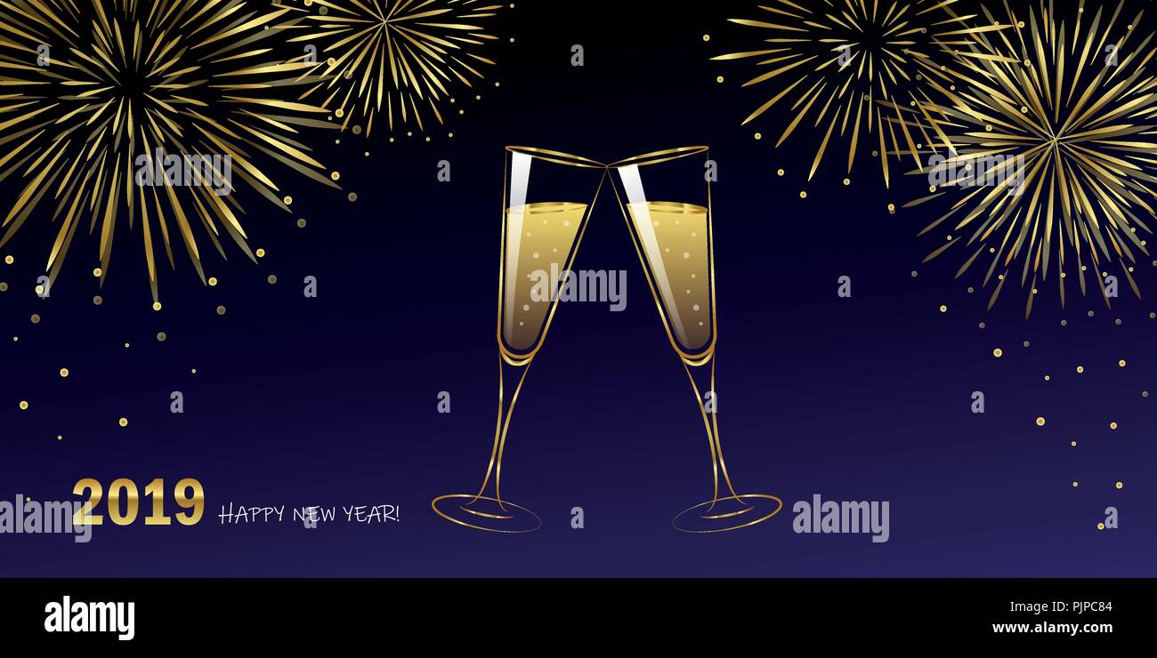 New Year golden fireworks and champagne glasses blue night sky vector ...