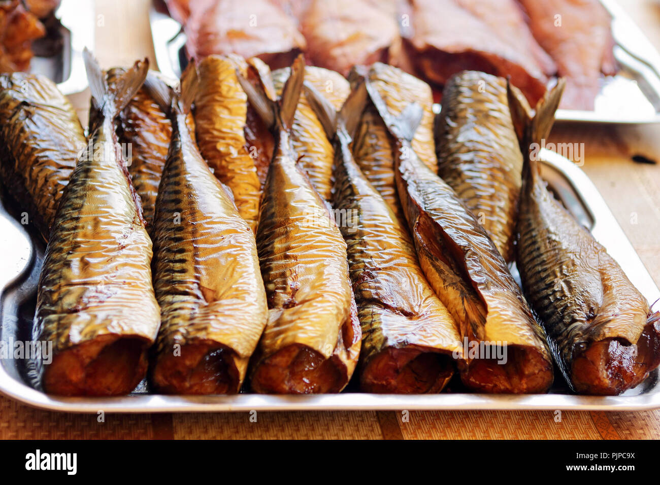 Fresh golden smoked mackerel closeup photo Stock Photo Alamy