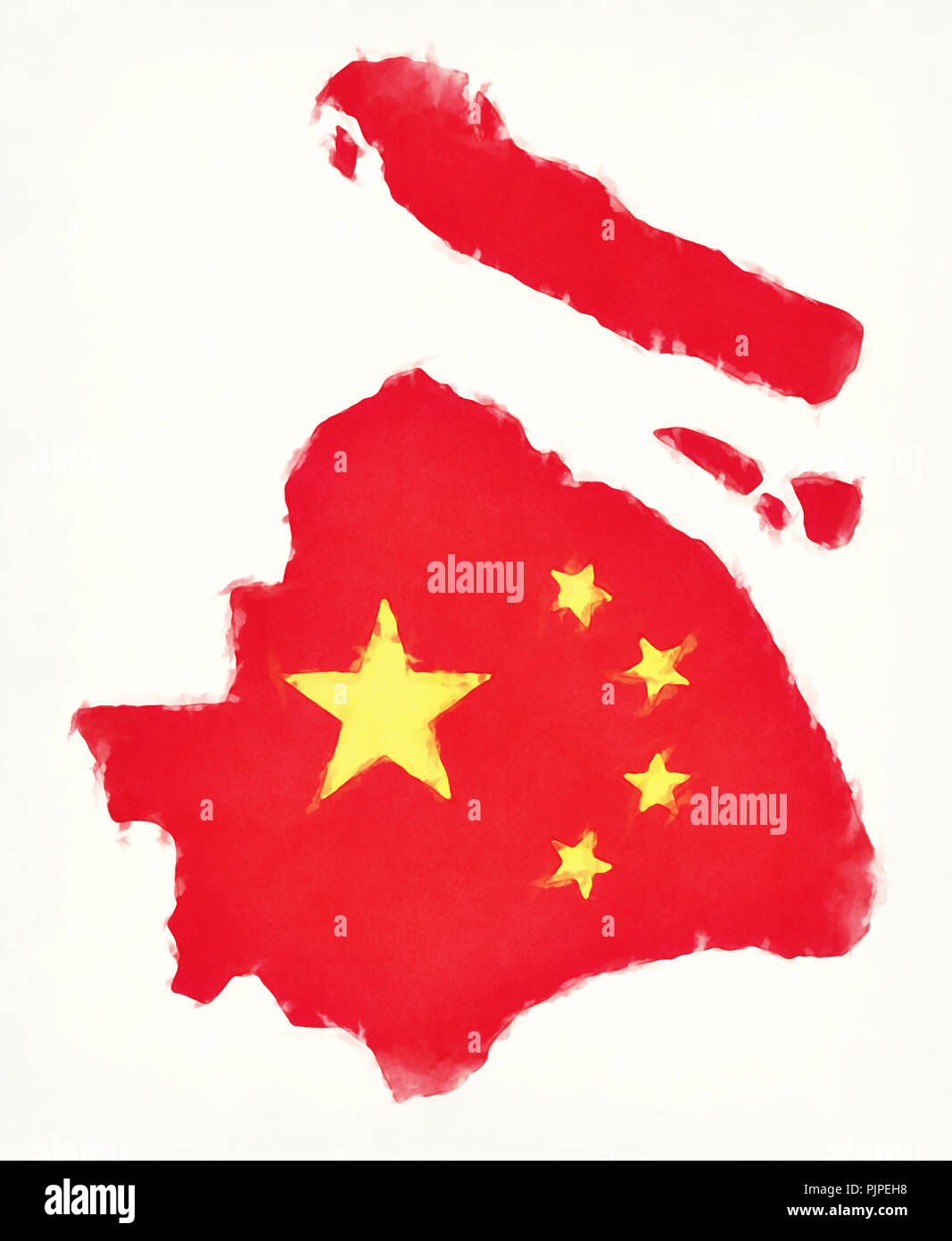 Shanghai China watercolor map with Chinese national flag illustration Stock Photo