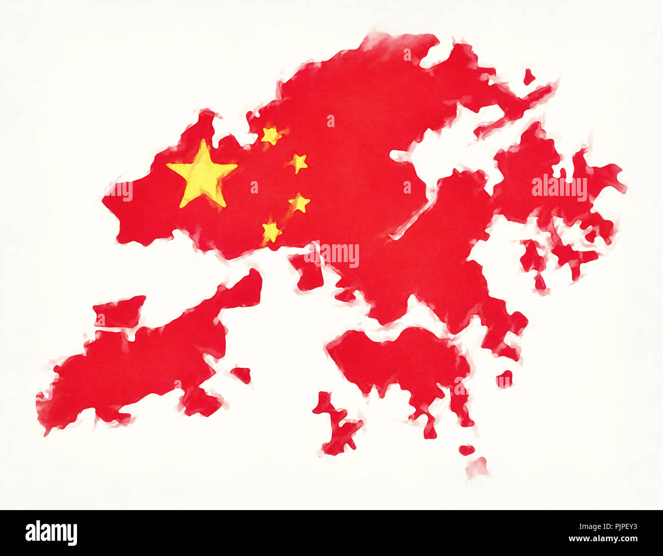 Hong Kong China watercolor map with Chinese national flag illustration Stock Photo