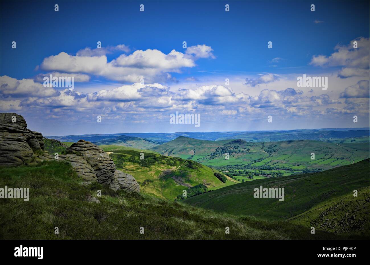 View from the famous walk to Kinderscout, at the heights of the Derbyshire Peaks, near Edale and the Hope Valley. Stock Photo