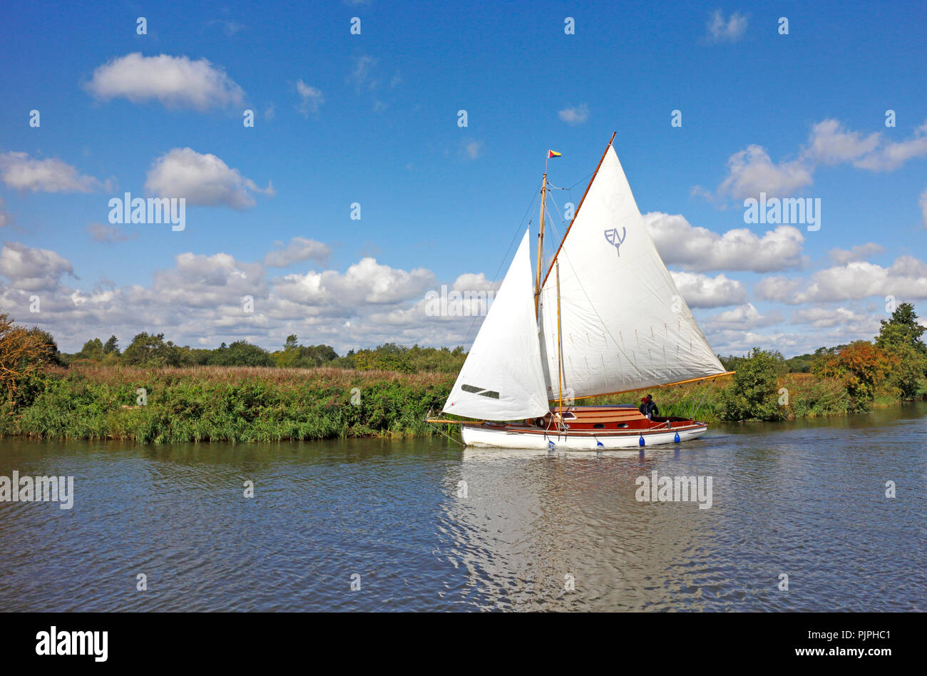 A yacht in full sail on the River Ant on the Norfolk Broads passing by How Hill at Ludham, Norfolk, England, United Kingdom, Europe. Stock Photo