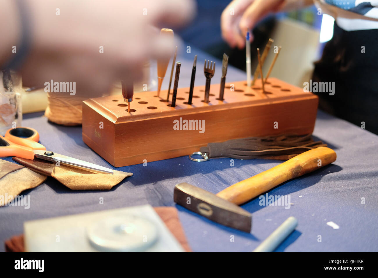 handmade leather craft DIY instrument tool. craftsman working desk