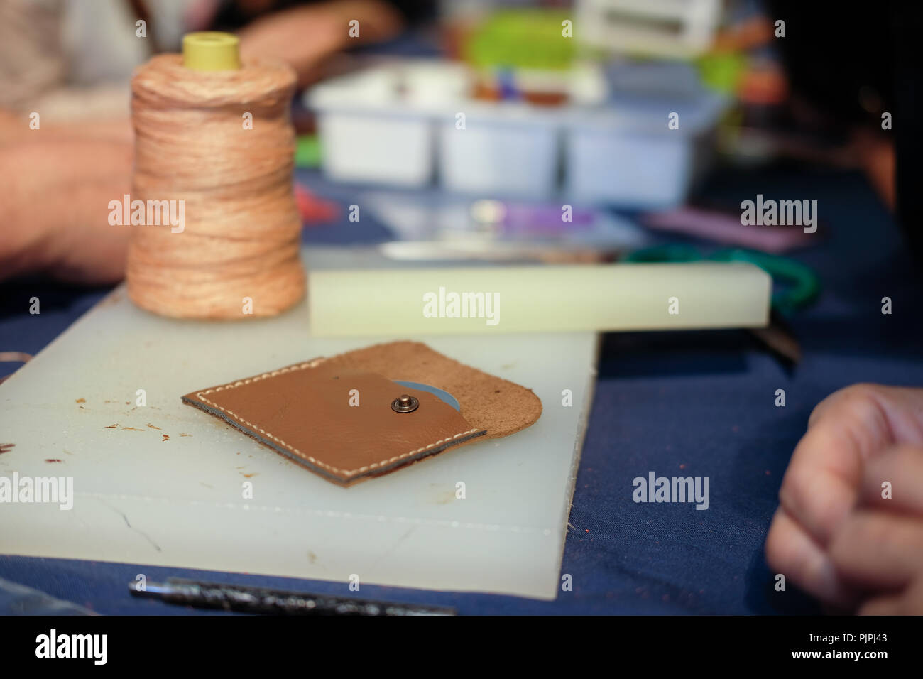 handmade leather craft DIY instrument tool. craftsman working desk