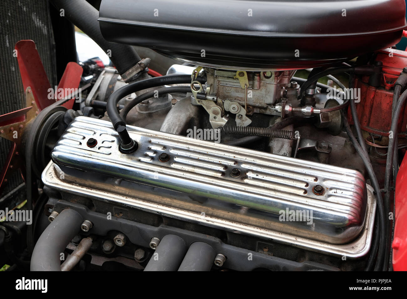 Rocker box top and carburettors on vintage motor vehicle engine Stock