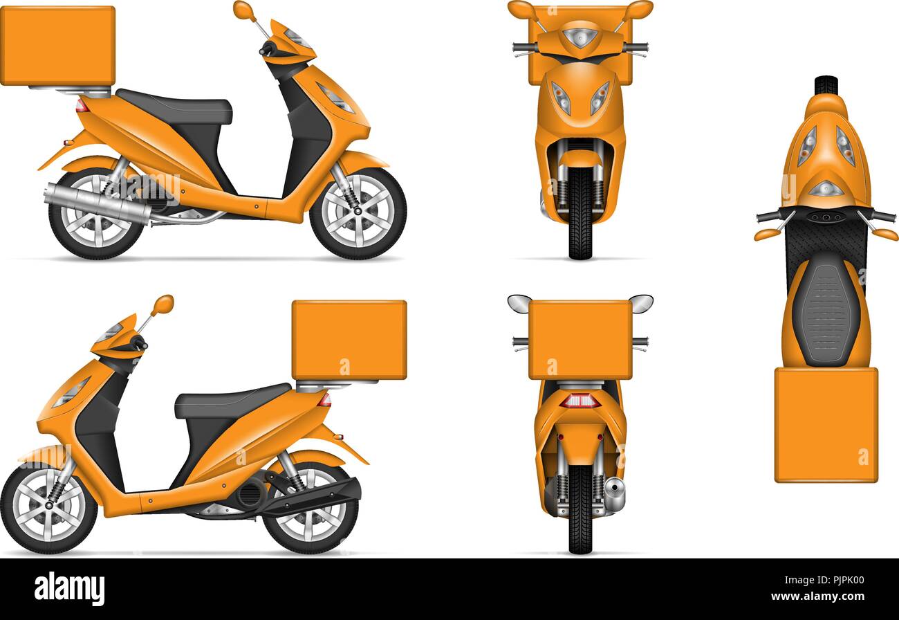 Delivery scooter vector mockup on white for vehicle branding, corporate identity. View from side, front, back, and top Stock Vector
