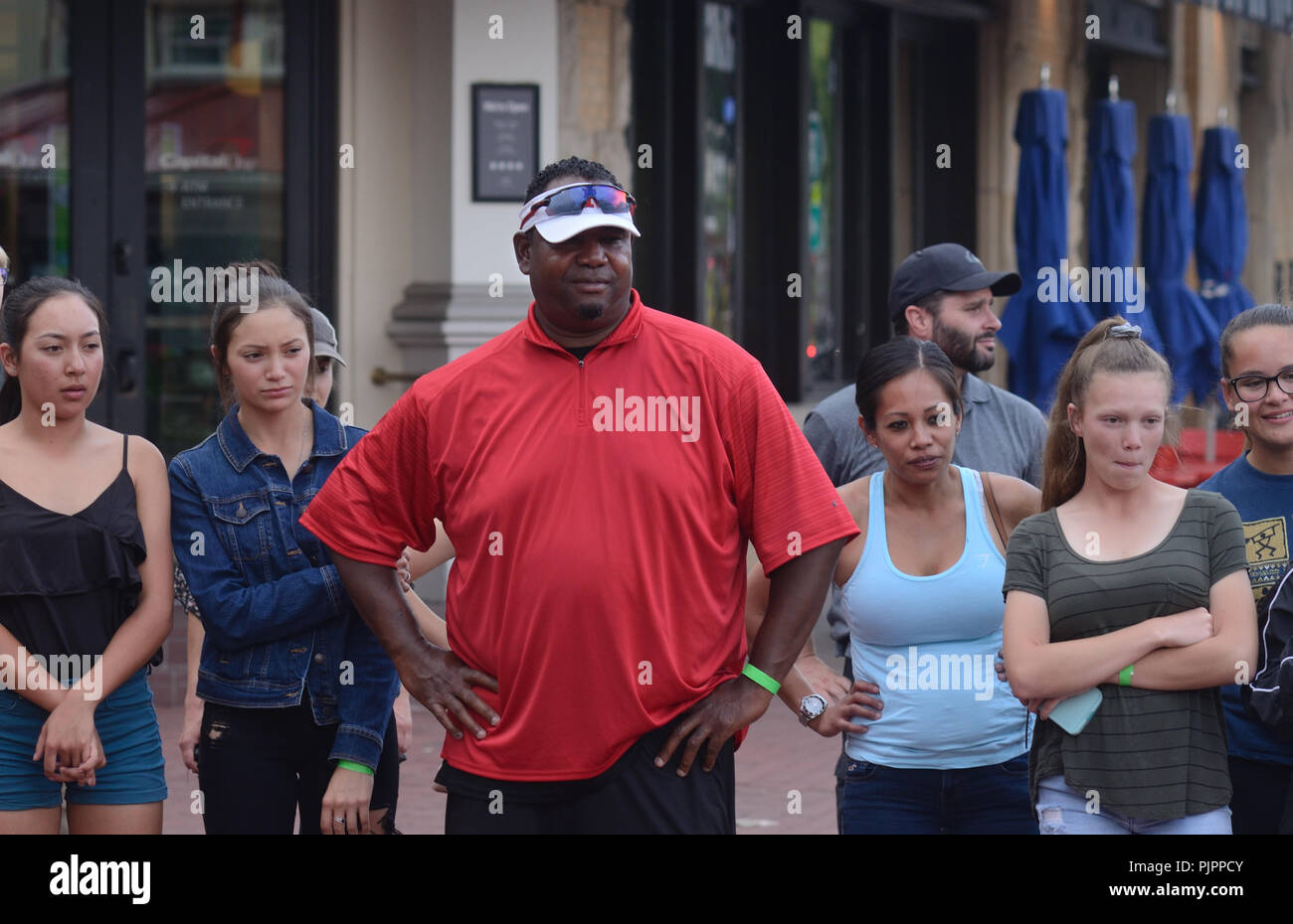people of various ethnicities at busker's performance, Pearl St. Mall, Boulder, Colorado Stock