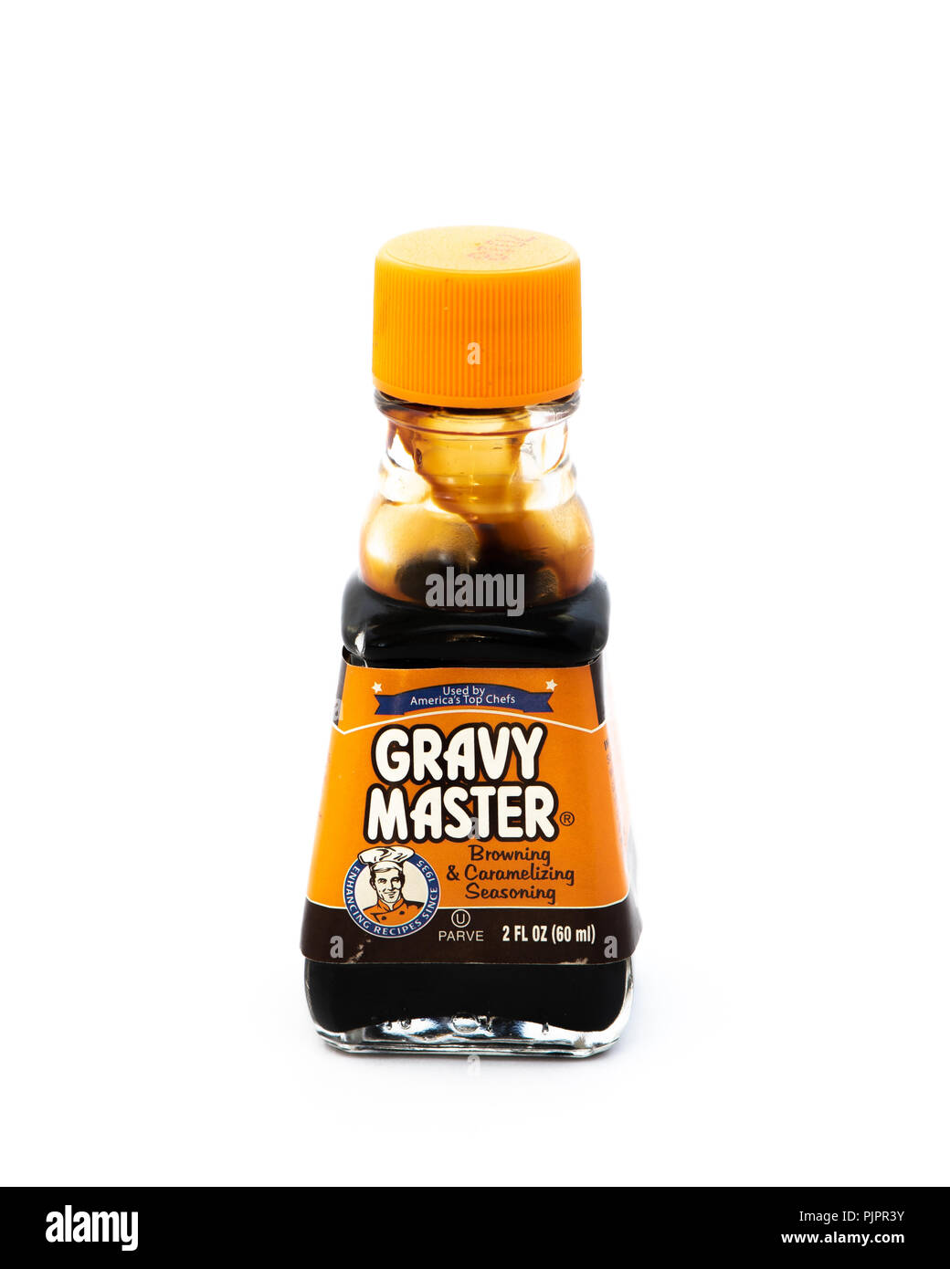 A glass bottle of Gravy Master, a flavor enhancing, browning and caramelizing seasoning. Stock Photo