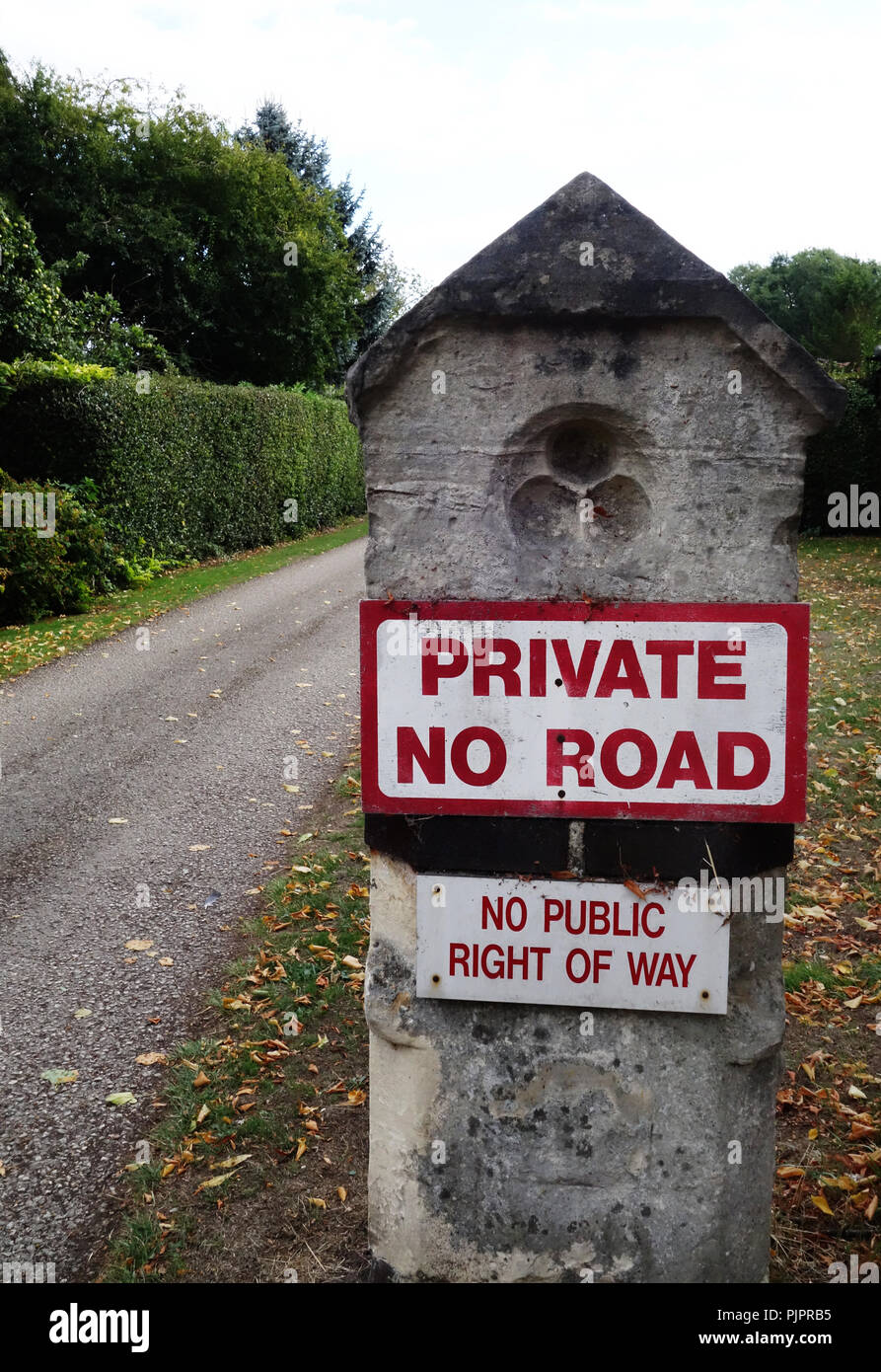 Stone gate pillar with 'Private No Road' sign and 'No Public Right of Way' Stock Photo