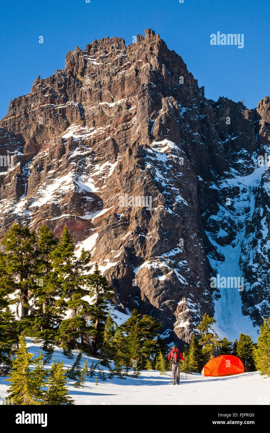 Winter Snow Camping at the Base of Three Fingered Jack Mountain Near Bend Oregon Stock Photo