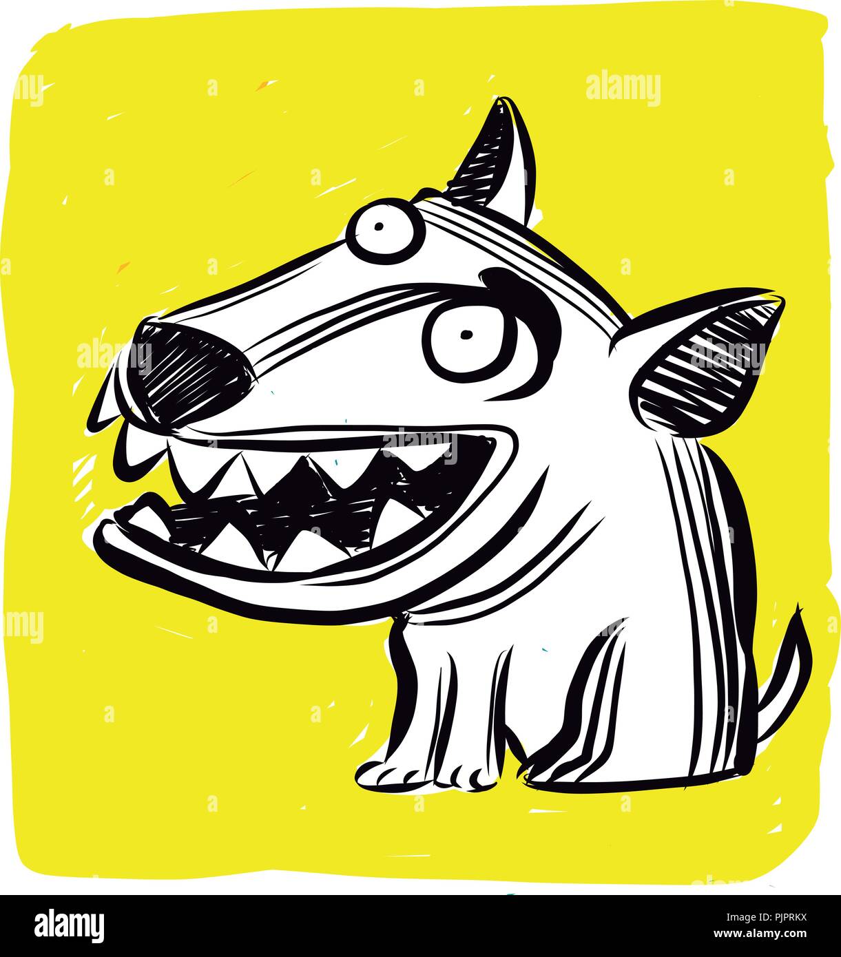 Hand drawn vector ink illustration or drawing of a funny cartoon dog with big teeth Stock Vector