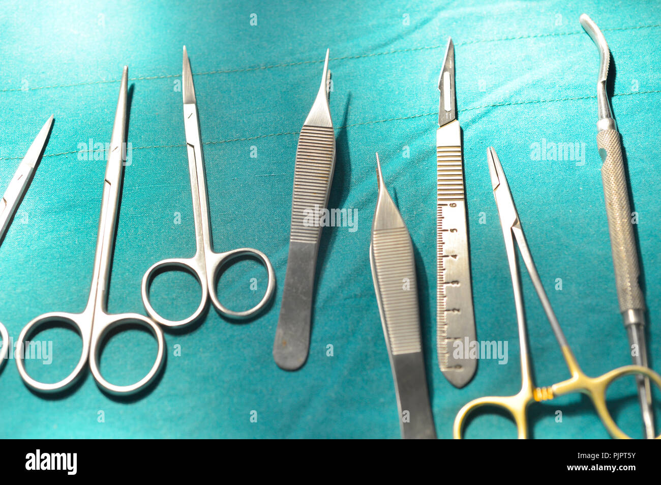 Surgical instruments set in operating room Stock Photo