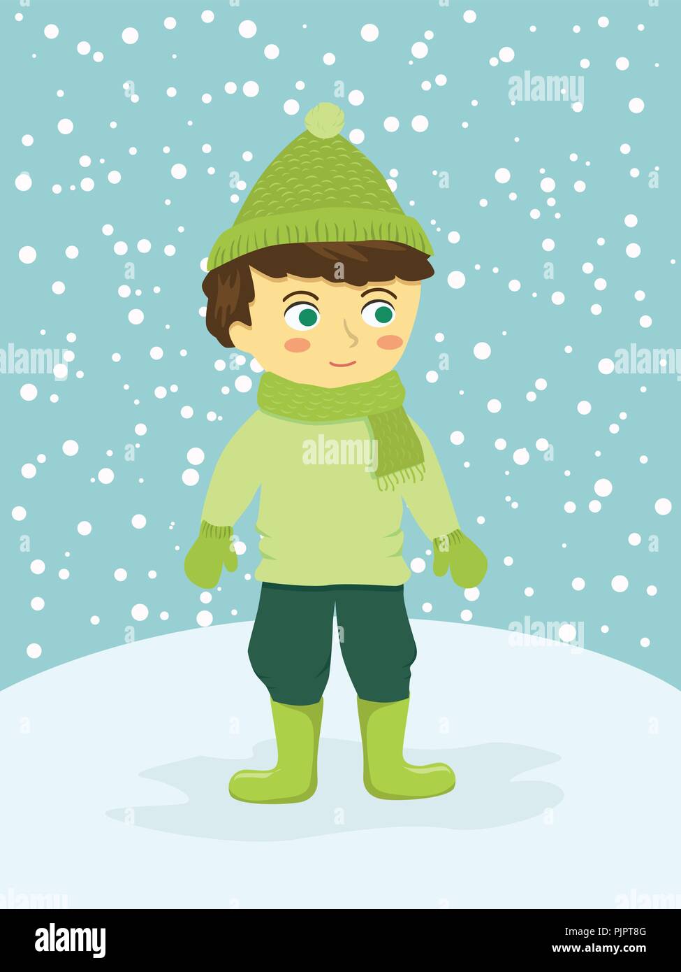 Cute boy wear green winter suit sweater standing in winter snowy days vector illustration Stock Vector