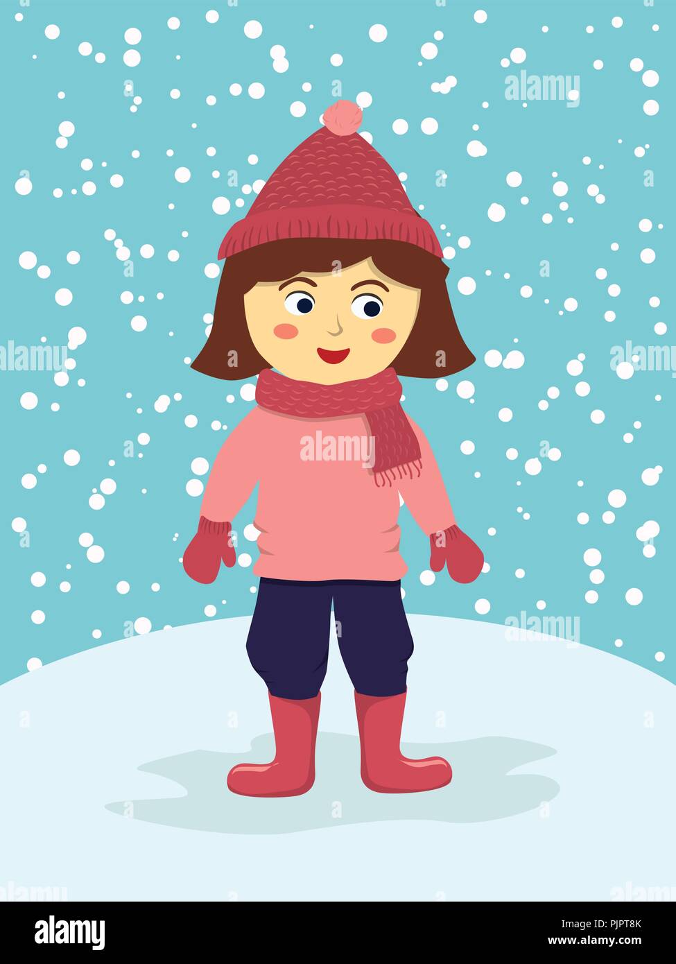Cute girl wear pink winter suit sweater standing in winter snowy days vector illustration Stock Vector