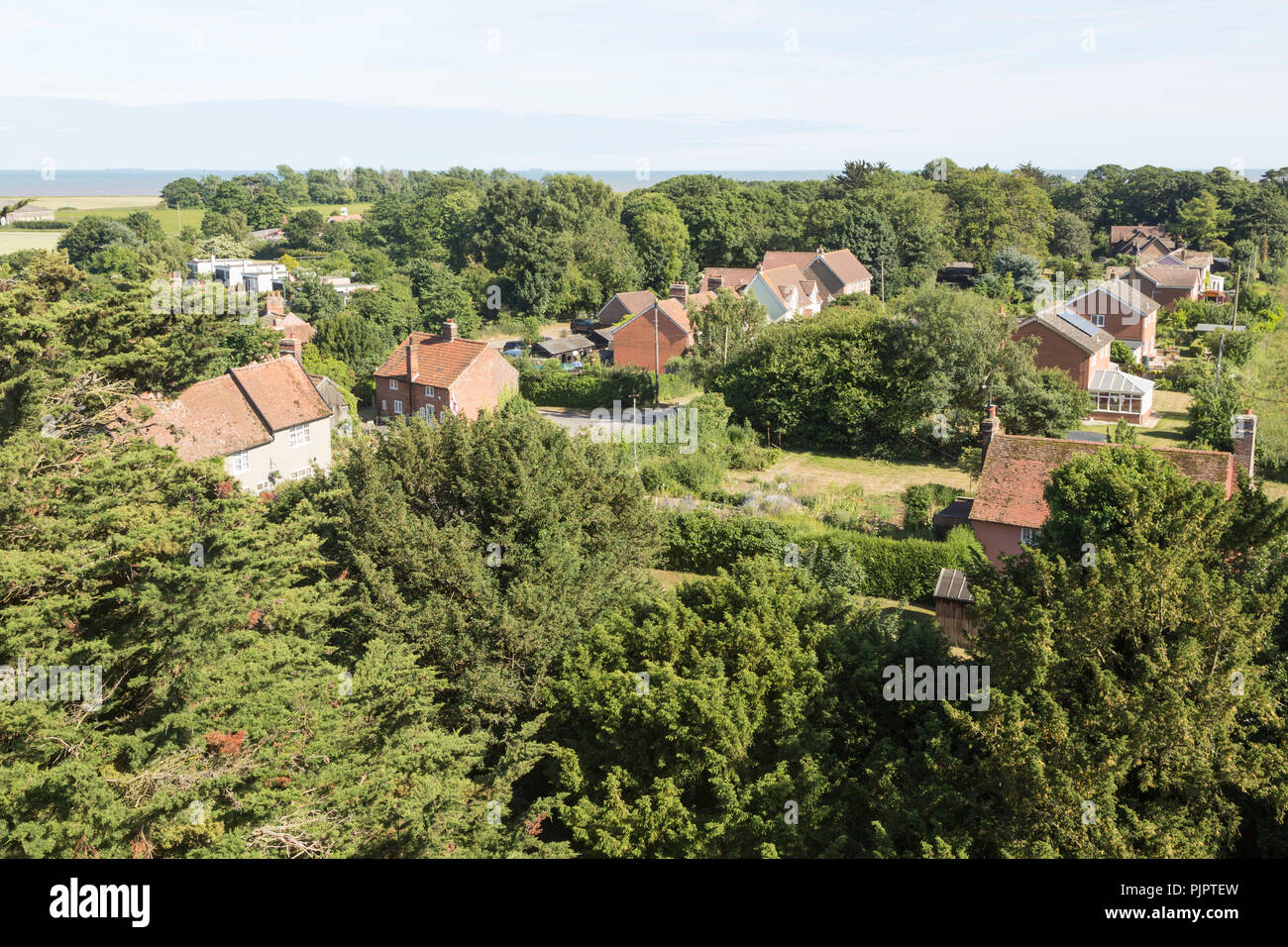 North Sea village landscape over trees in summer at Bawdsey, Suffolk, England, UK view from church tower Stock Photo
