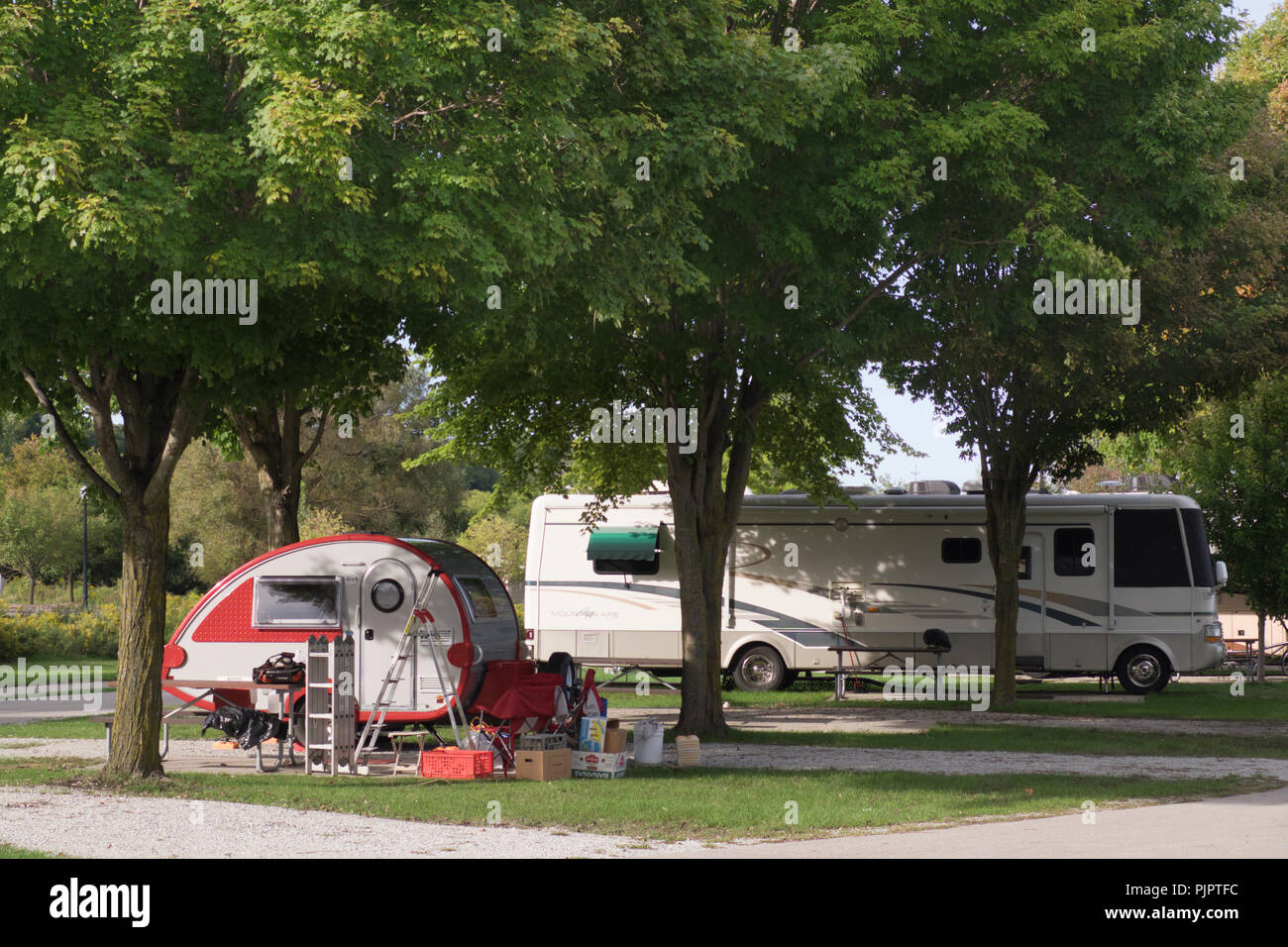 Teardrop camper at Trailway Campground in Montague, Michigan for the weekend. Stock Photo