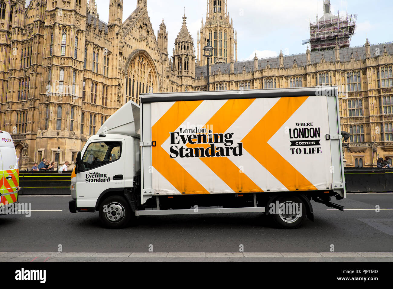 Evening Standard newspaper delivery truck on Abingdon Street outside the Houses of Parliament in Westminster London England UK  KATHY DEWITT Stock Photo