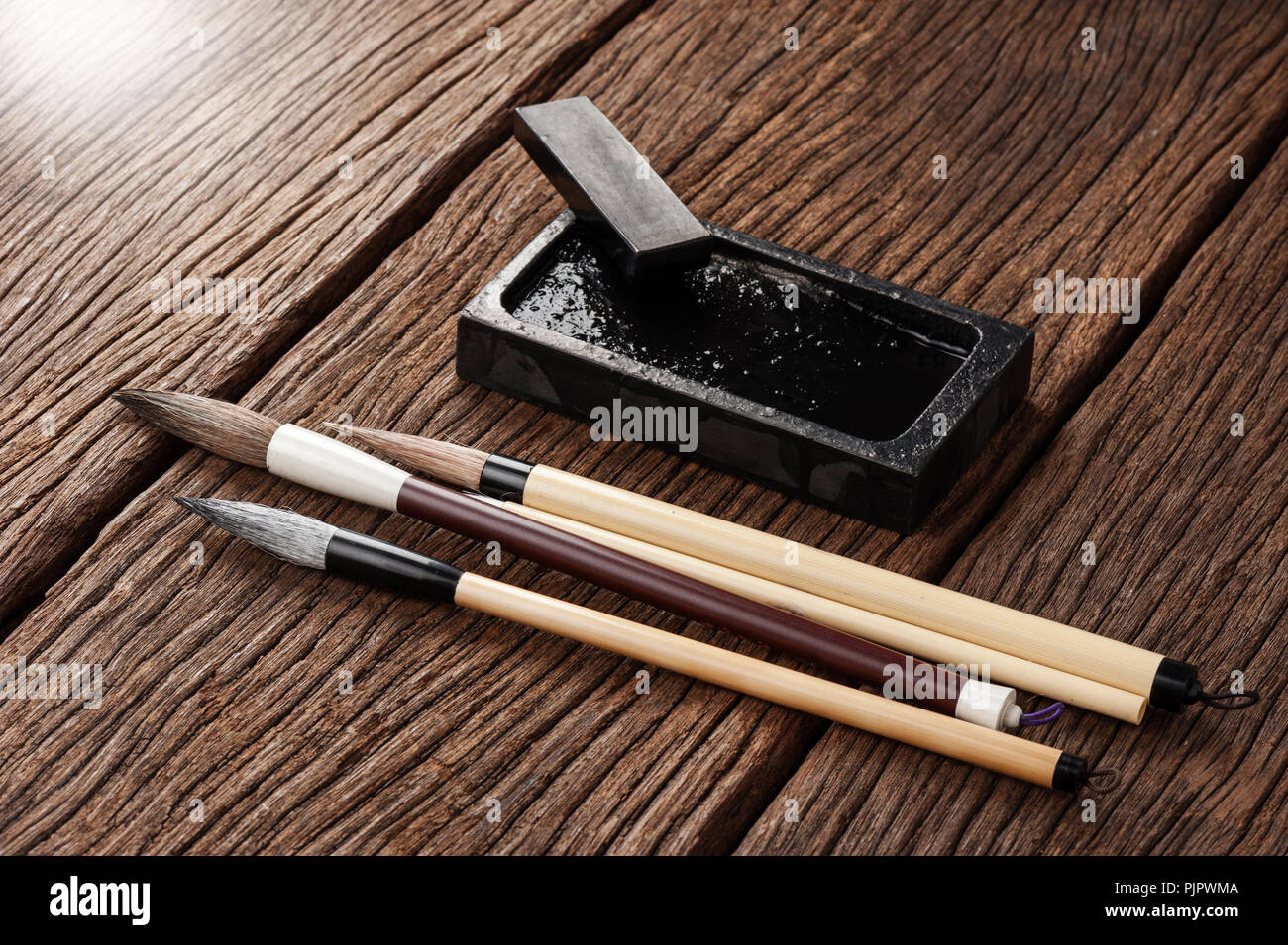 Closeup Traditional Writing Brush On Wooden Desk Japanese Writing