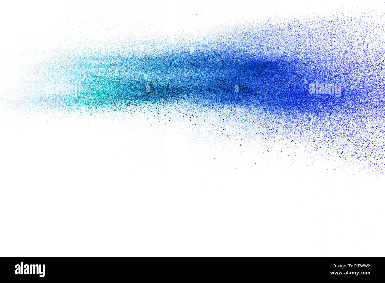 Blue color dust particles splash on white background. Stock Photo