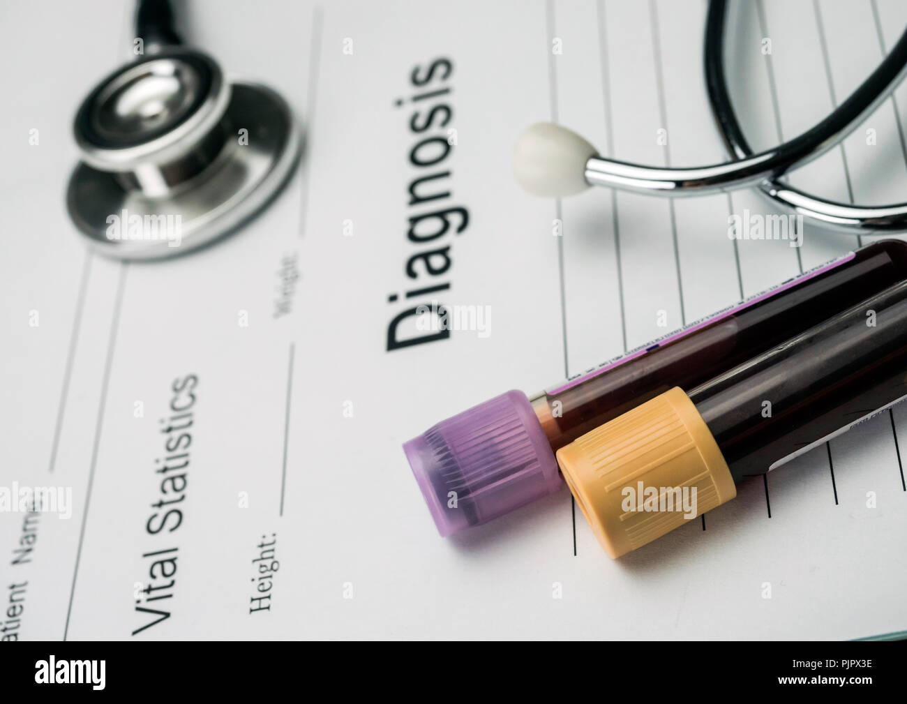 Diagnostic form, Vial of blood samples and Medicine in a hospital ...