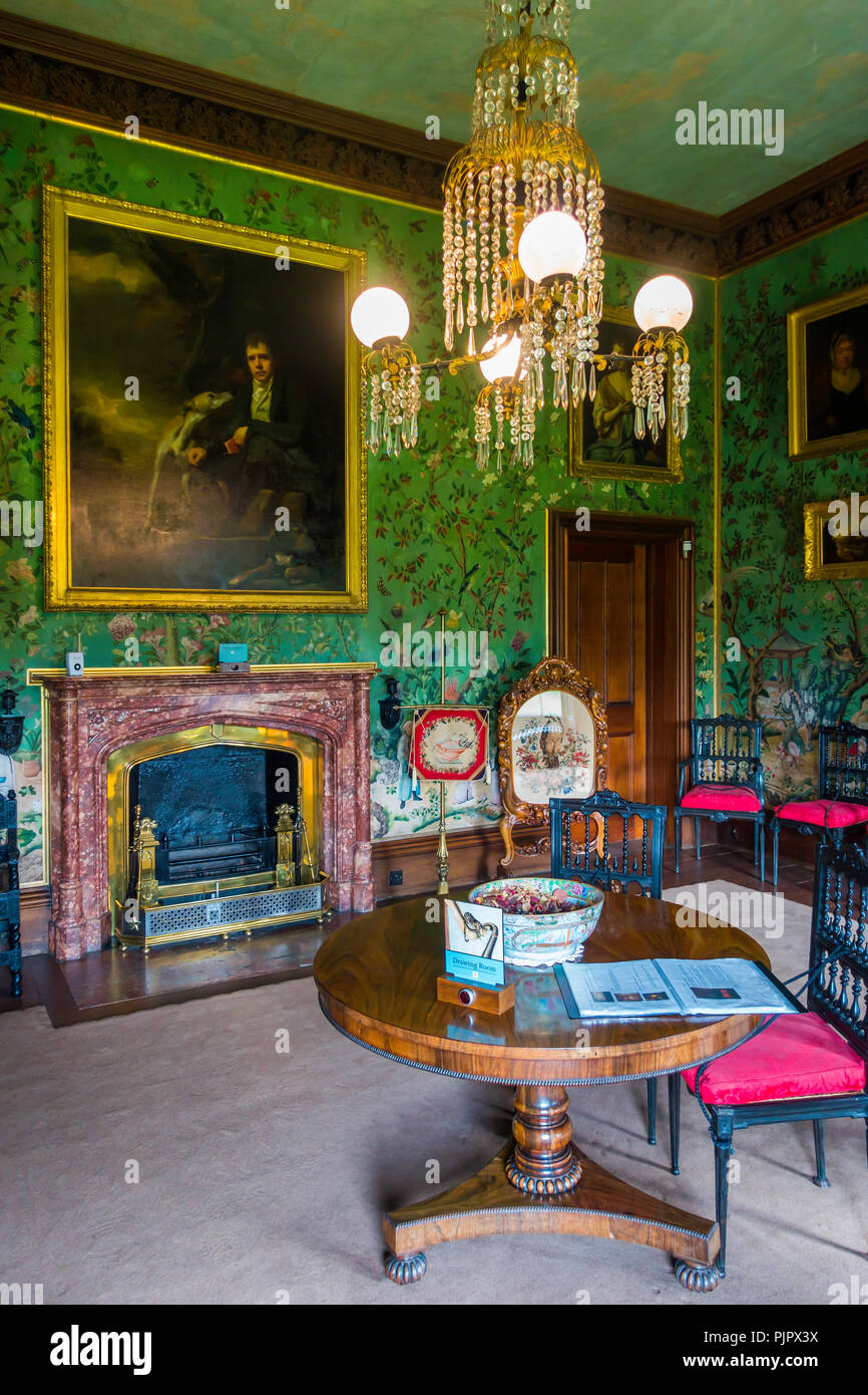 Sir Walter Scott's Drawing Room with hand painted Chinese Wallpaper in his home Abbotsford Melrose Scotland Stock Photo