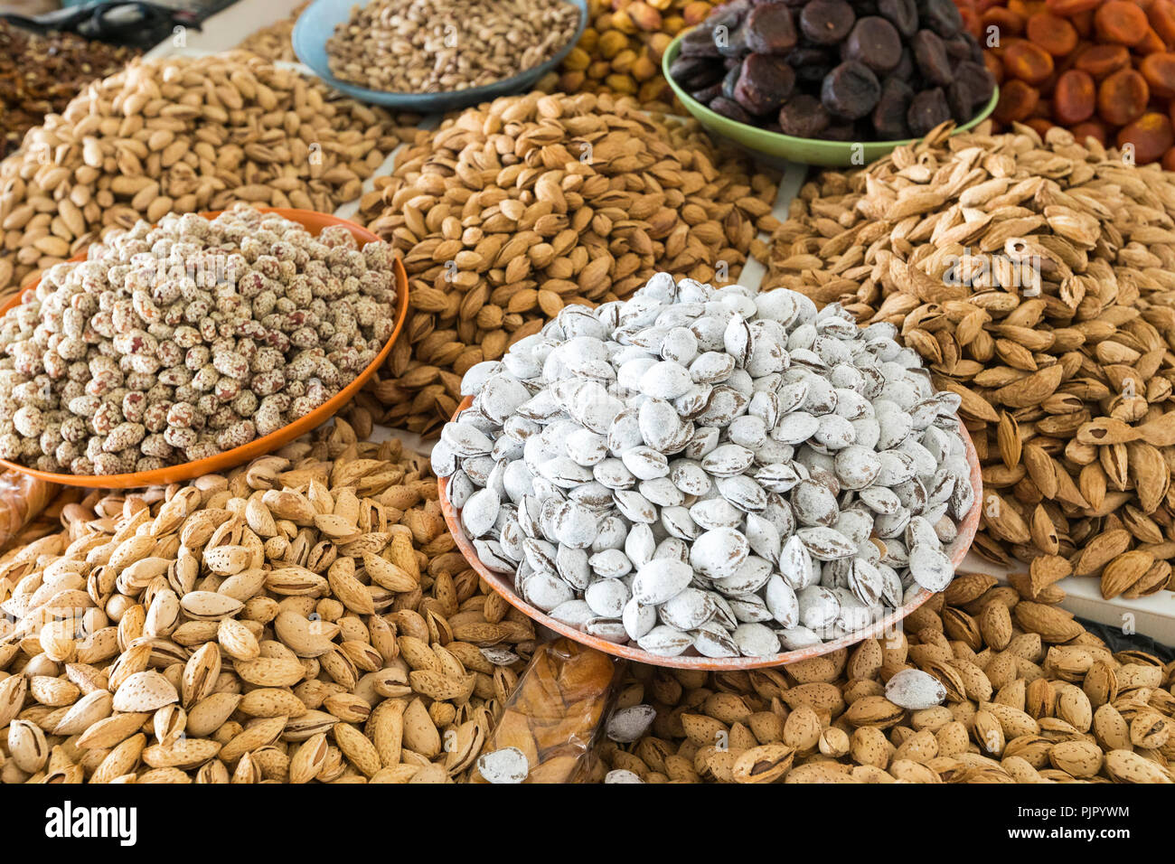 Dried fruits and nuts on local food market in Tashkent, Uzbekistan