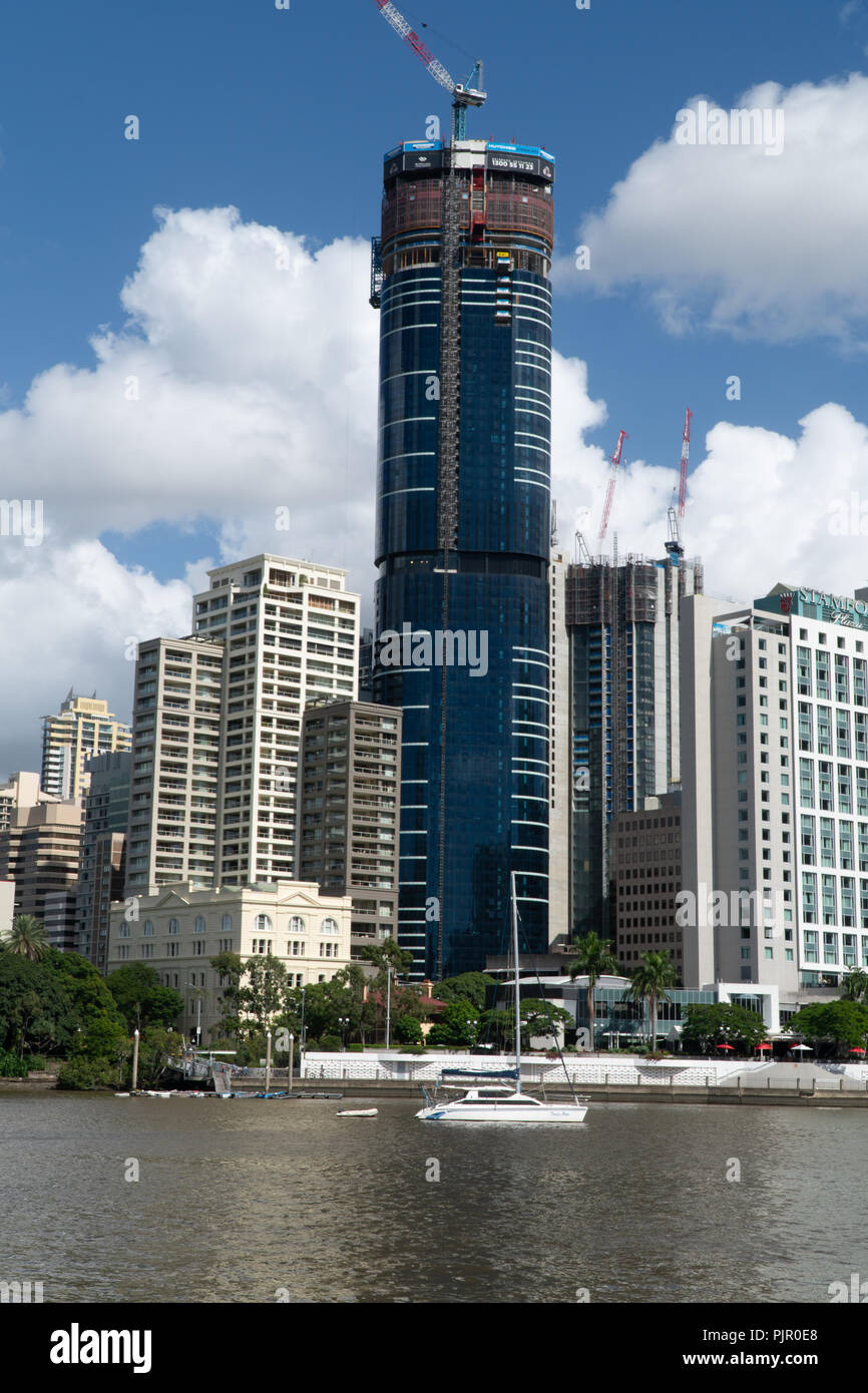 Cranes on modern buildings in downtown Brisbane, Australia Stock Photo