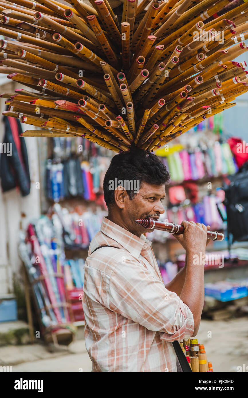 Kathmandu,Nepal Jul 22 ,2018Nepali Flute Seller Selling playing