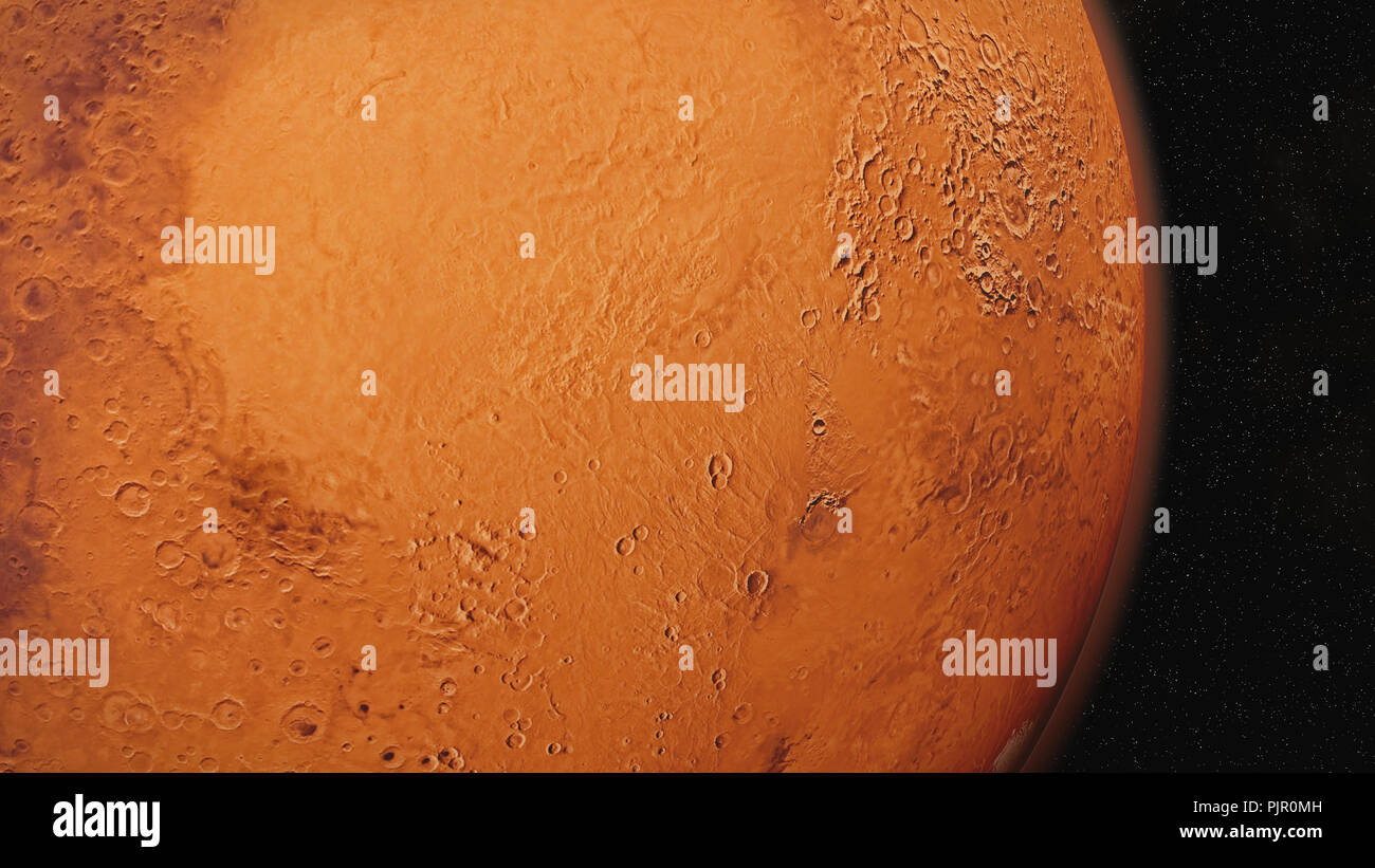 red planet Mars in natural colors, surface close up with visible atmosphere Stock Photo