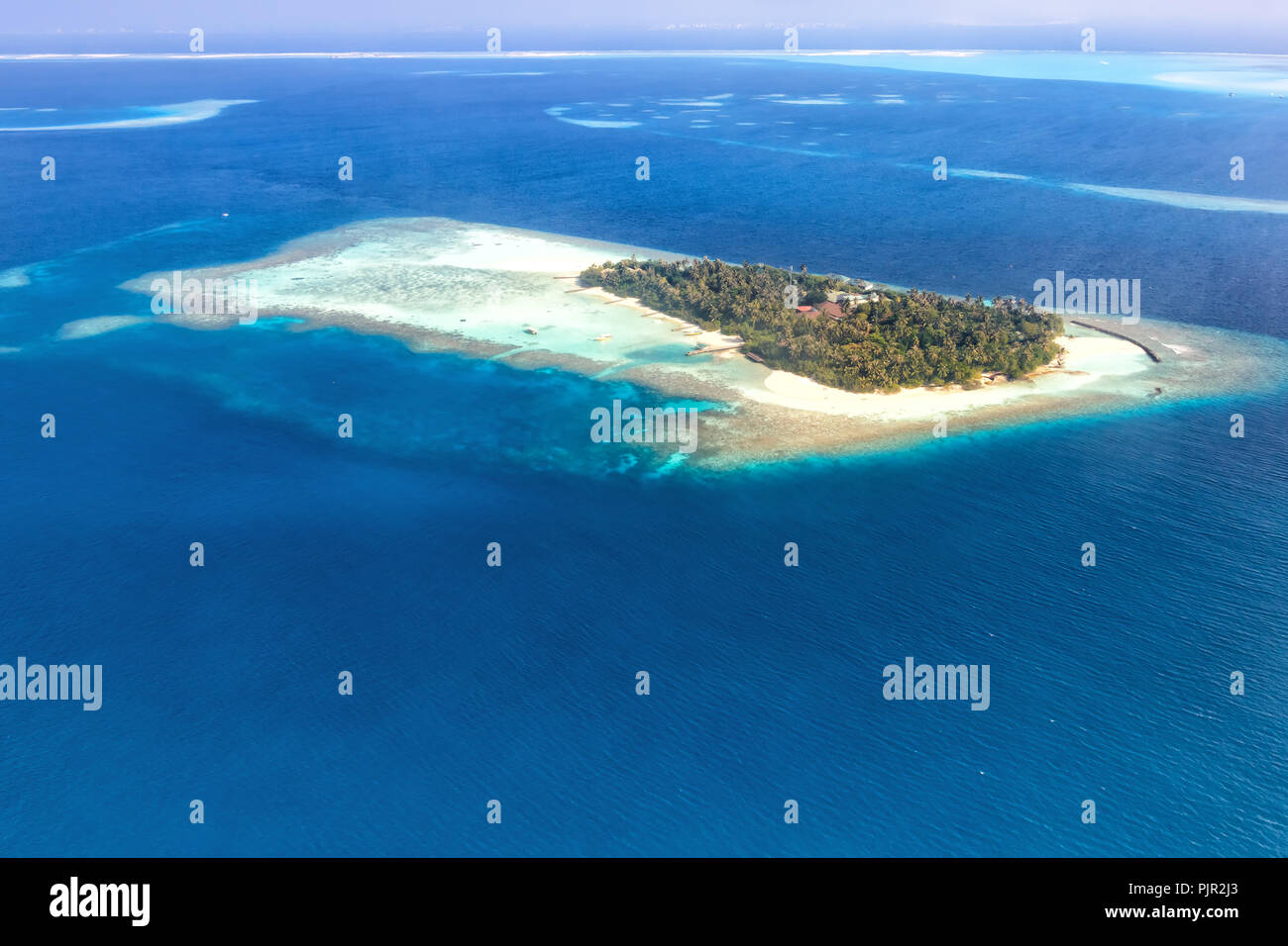 Maldives island vacation paradise sea panorama copyspace Embudu Resort aerial photo tourism Stock Photo