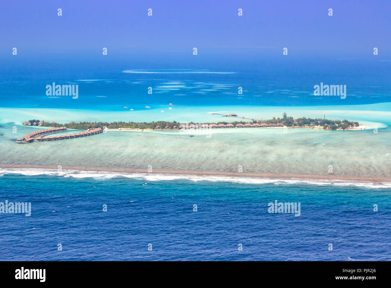 Maldives vacation paradise sea copyspace panorama Emboodhu Finolhu island Resort aerial photo tourism Stock Photo
