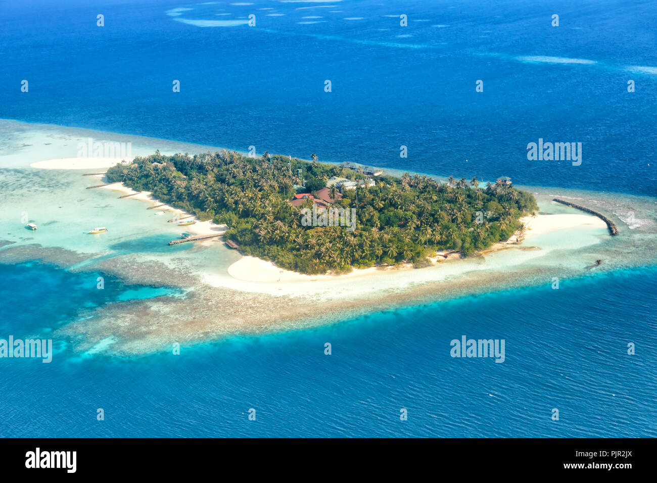 Maldives island vacation paradise sea copyspace Embudu Resort aerial photo tourism Stock Photo