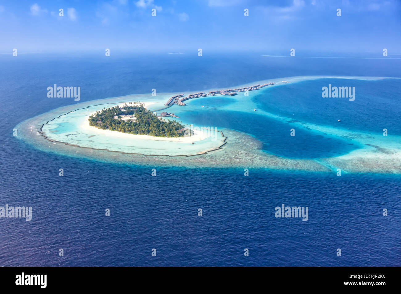 Maldives island vacation sea panorama copyspace Halaveli Resort Ari Atoll aerial photo tourism Stock Photo