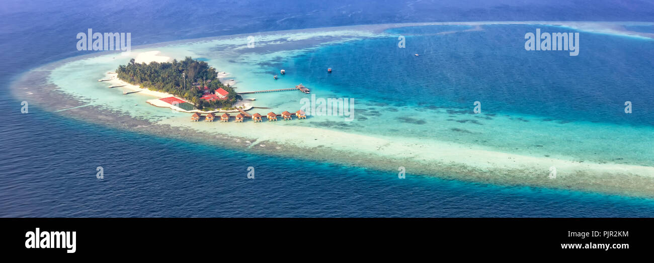 Maldives island vacation paradise sea panorama Maayafushi Resort Ari Atoll aerial photo tourism Stock Photo
