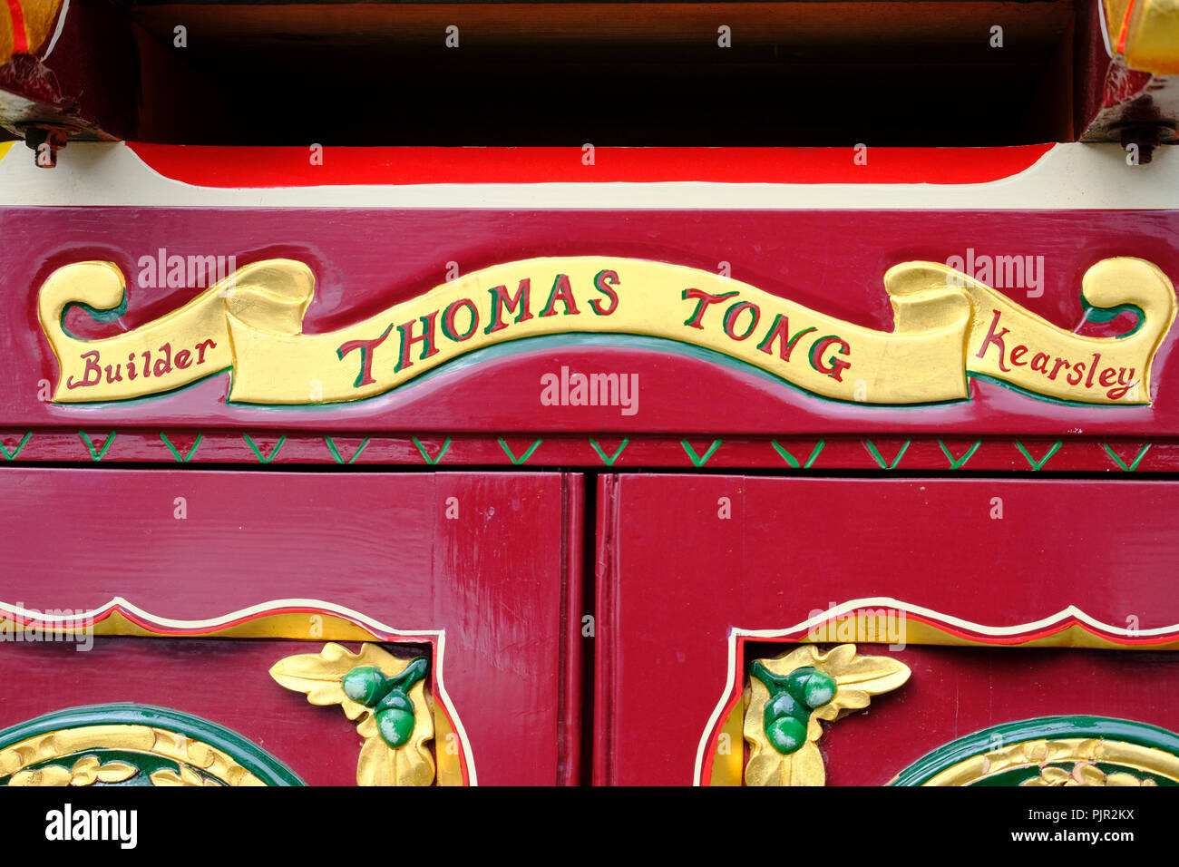 Builder's mark on a traditional Gypsy caravan. Thomas Tong of Kearsley was a family firm in Bolton, Lancashire in late 1800s Stock Photo