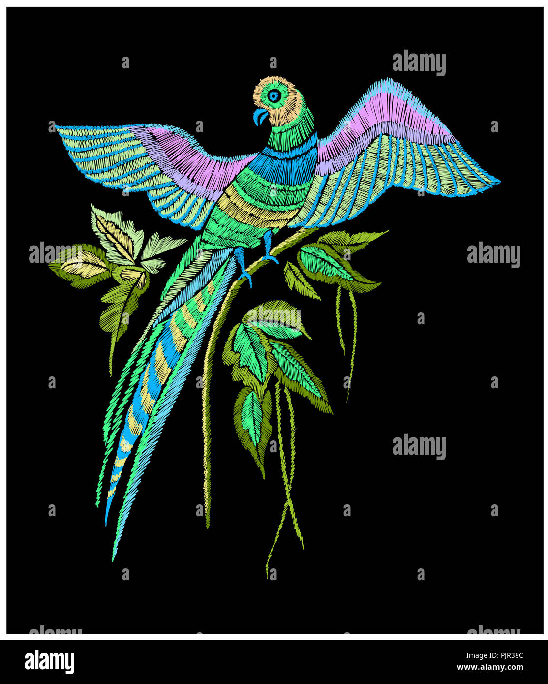 Embroidery pattern with parrot and tropical leaves. Vector illustration