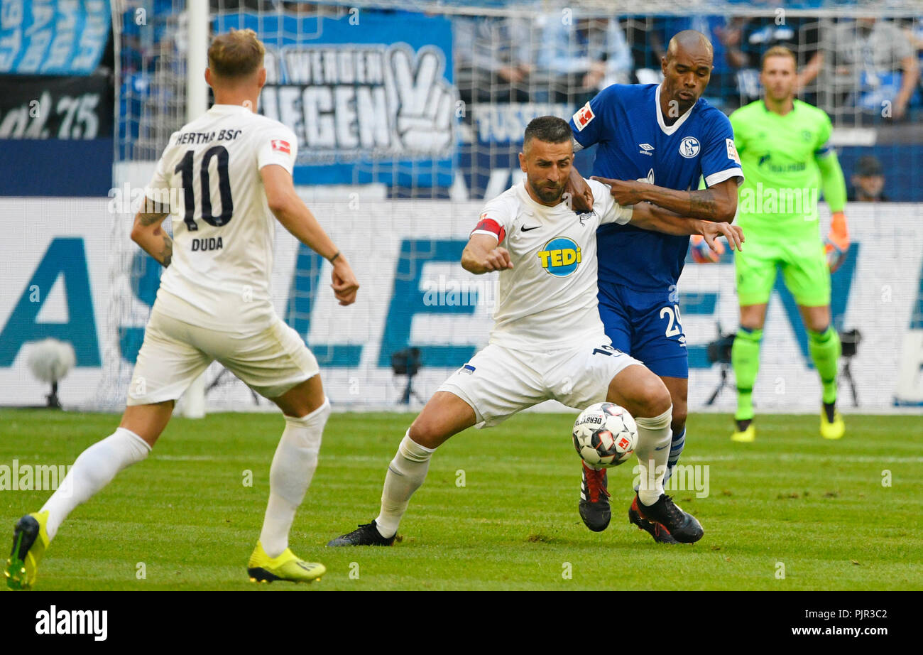 Veltins-Arena Gelsenkirchen Germany,  2.9.2018, 1rst Football Bundesliga Season 2018/2019 matchday 2,  Schalke 04 (S04) vs Hertha BSC  ---- Vedad Ibisevic (Hertha), Naldo (S04)  DFL REGULATIONS PROHIBIT ANY USE OF PHOTOGRAPHS AS IMAGE SEQUENCES AND/OR QUASI-VIDEO. Stock Photo