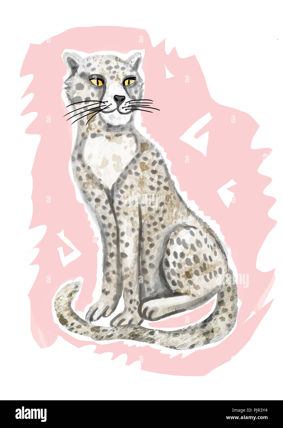 The cheetah is painted in a raster. Isolated picture on a light pink circle. Stock Photo
