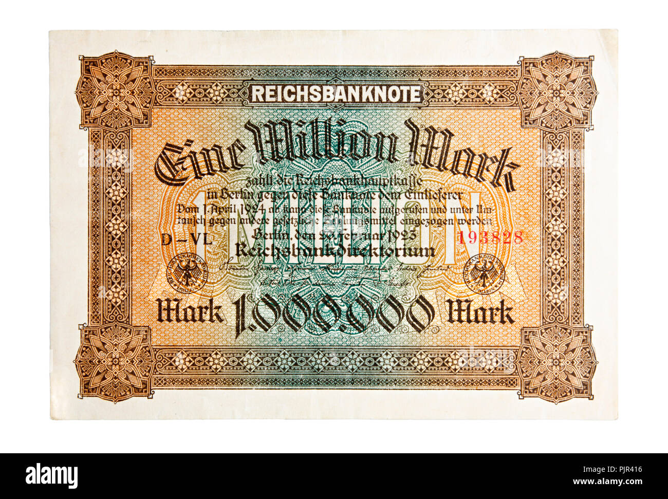 Former german 1,000,000 Mark bank note printed 1923 during the world economy crisis. Its backside is blank. Stock Photo