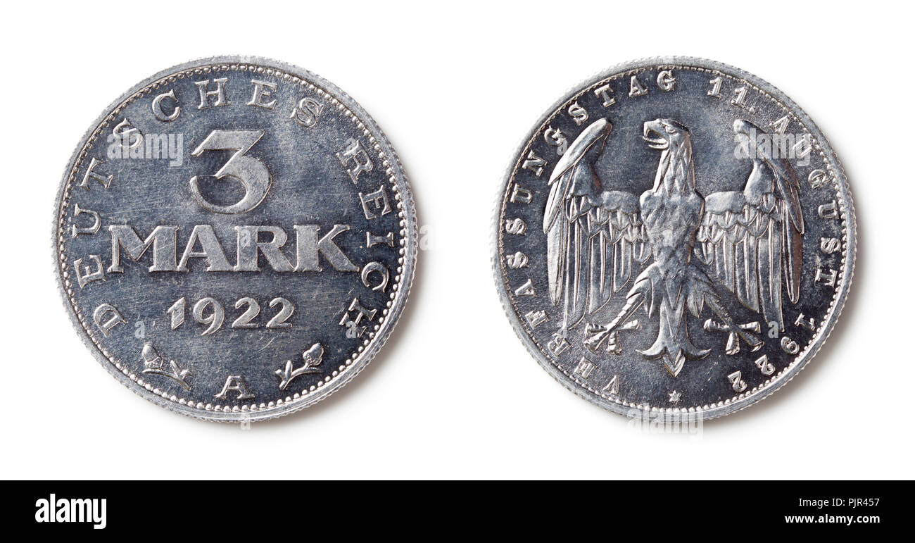 Front and back side of a 3 Mark aluminium coin from 1891. They were made in the German Empire (Deutsches Reich) during the hyper inflation time until  Stock Photo