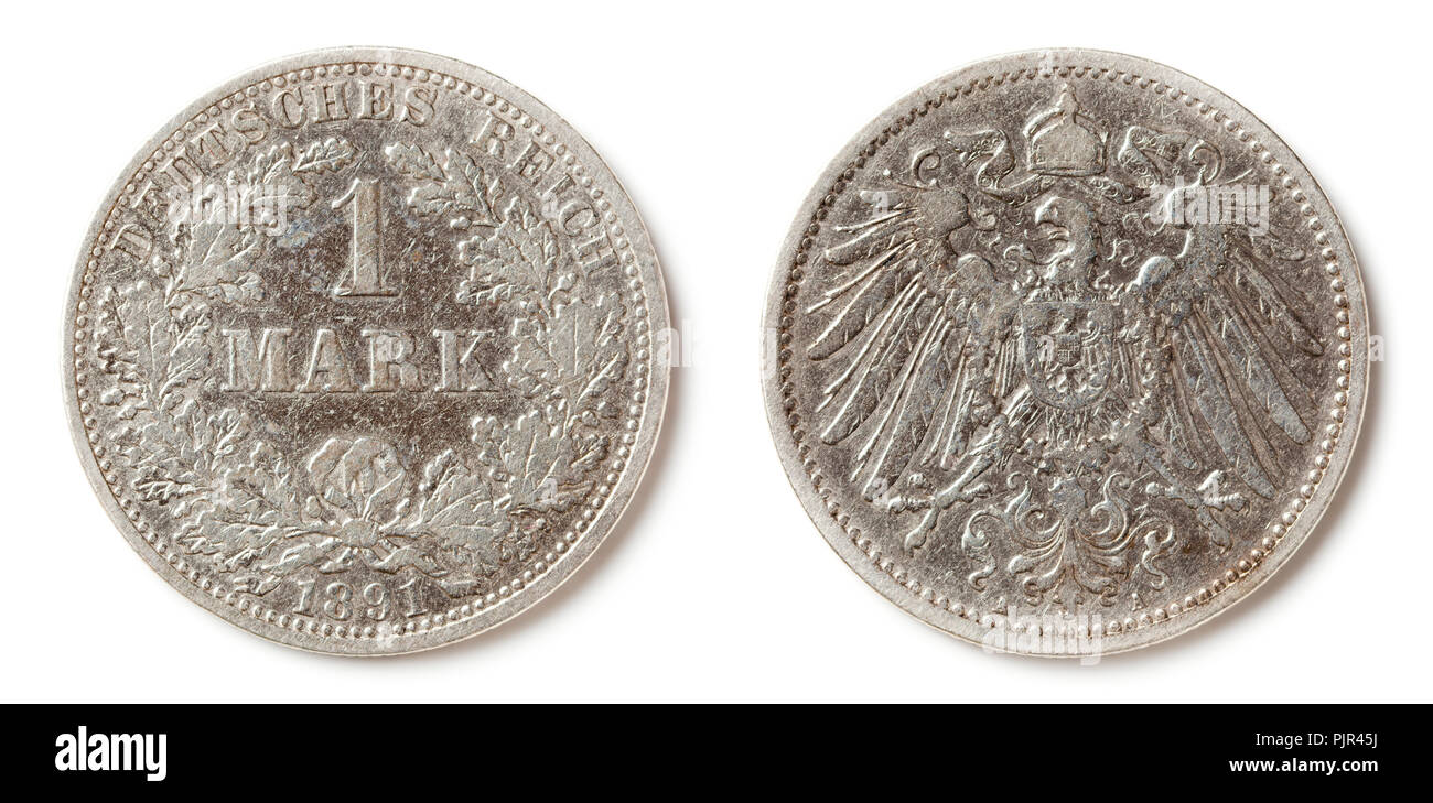 Front and back side of a 1 Mark coin from 1891. They were made in the German Empire (Deutsches Reich) until 1918. Stock Photo