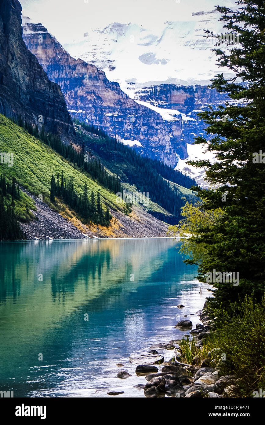 Beautiful views of Lake Louise in Banff National Park in the Rocky Mountains of Alberta Canada Stock Photo